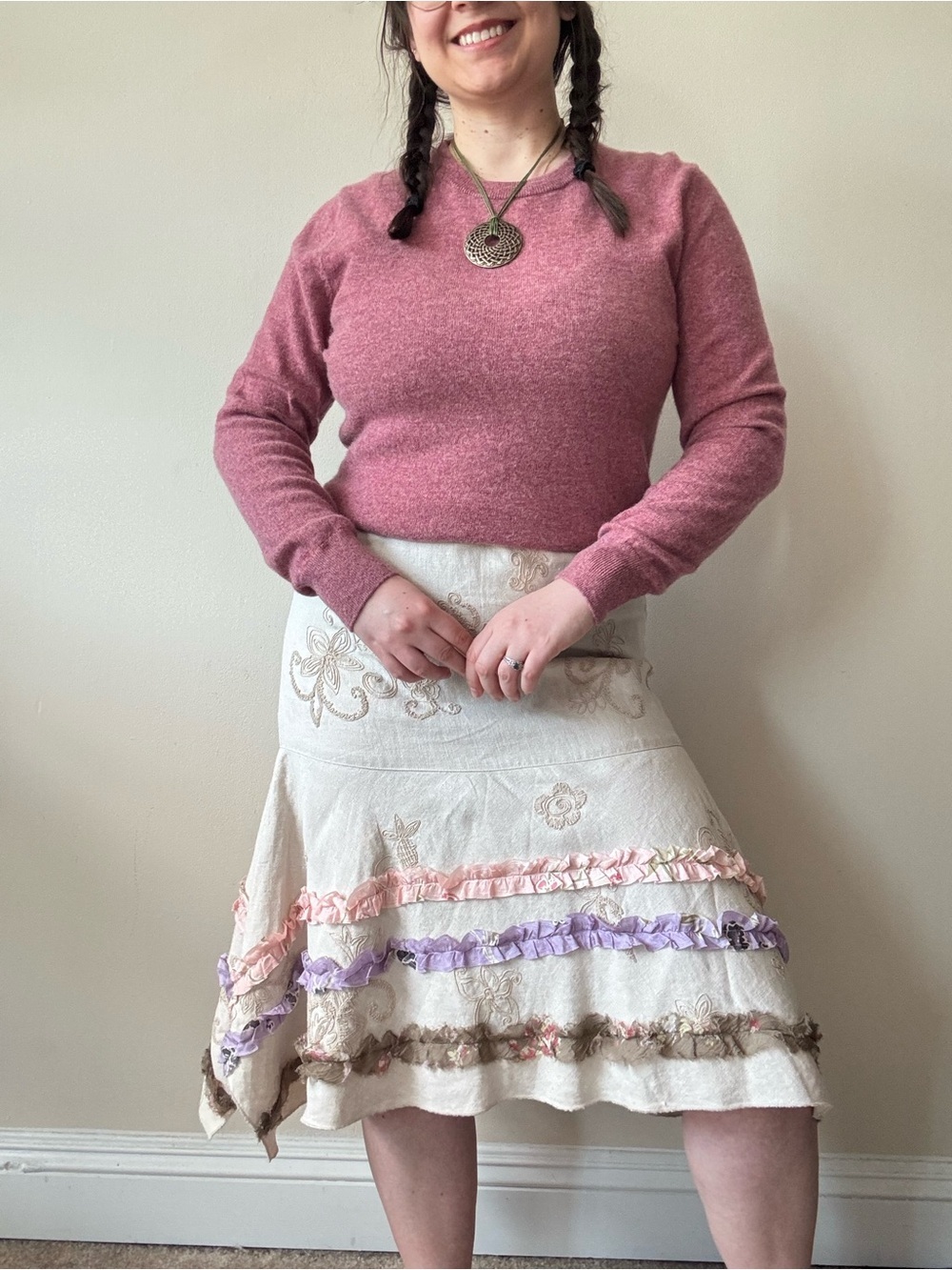 J. Jill Cream Tiered Midi Skirt with Pastel Ruffle Trim